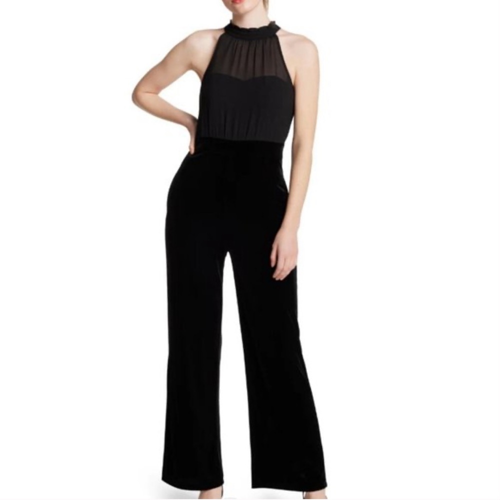 Vince Camuto Chiffon & Velvet Jumpsuit Black Zip Button Closure Size 4